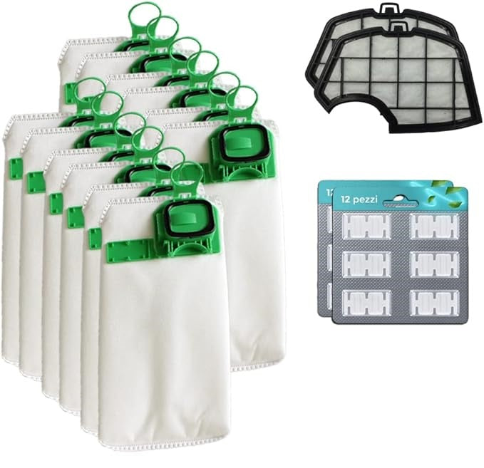 12 Sacchetti Folletto VK140 Compatibile per Folletto VK140 VK150 FP140 + 12 x Pastiglia di Profumo + 2 x Filtri Griglia Motore (VK140 Kit 4)