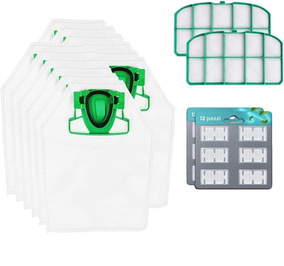 Kit 12 Sacchetti Compatibili per Vorwerk Folletto VK200/220 + 12 Profumini + 2 Filtri Griglia Motore + 2 Spazzolini - Garanzia 24 Mesi